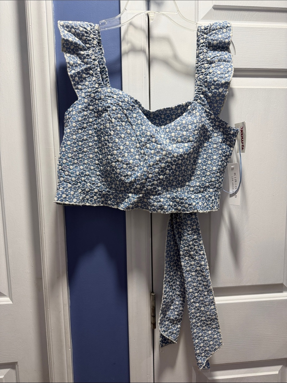 iris Blue Floral Ruffle Strap Crop Top
